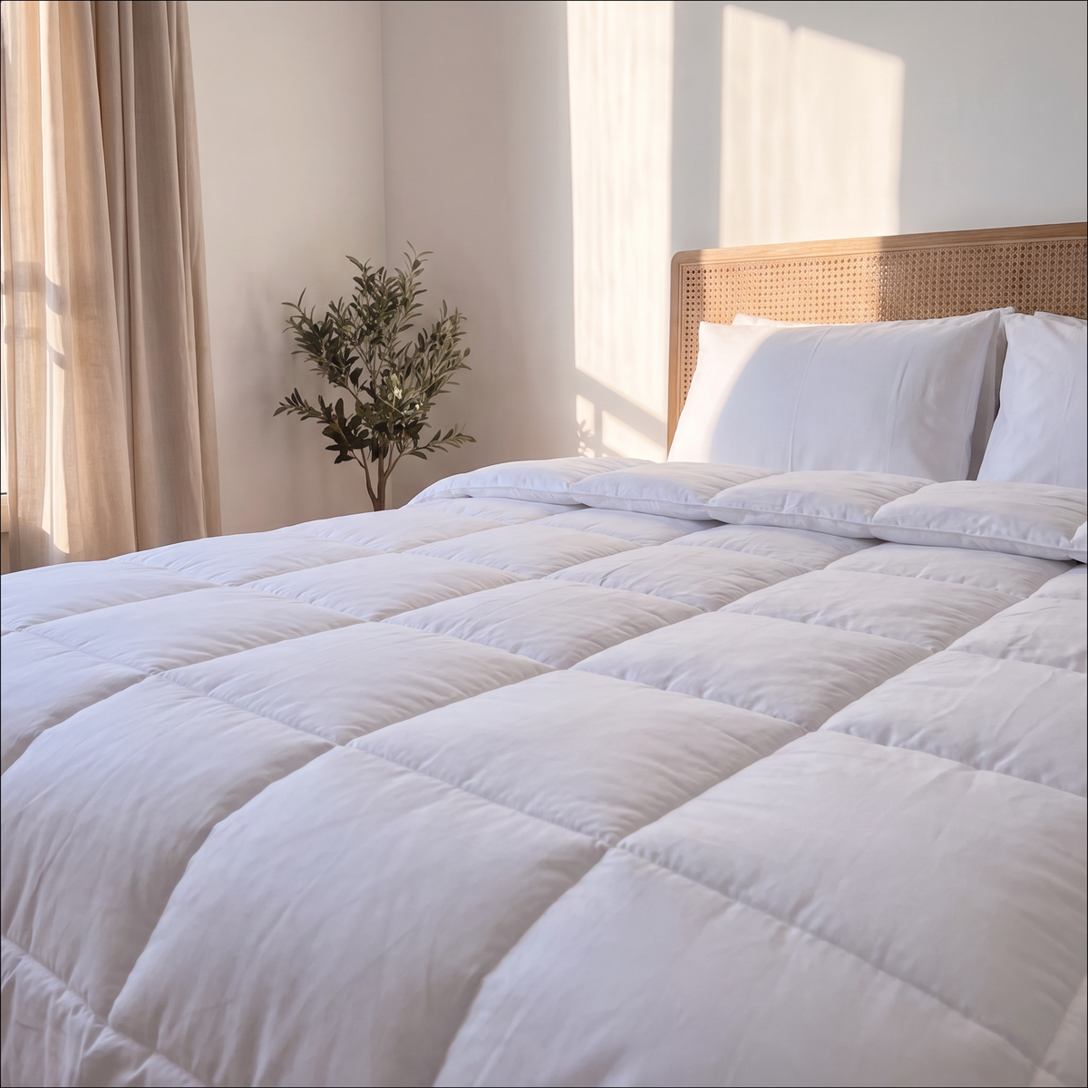 Yafet Winter Duvet with box-stitch quilting on a rattan bed in a sunlit bedroom