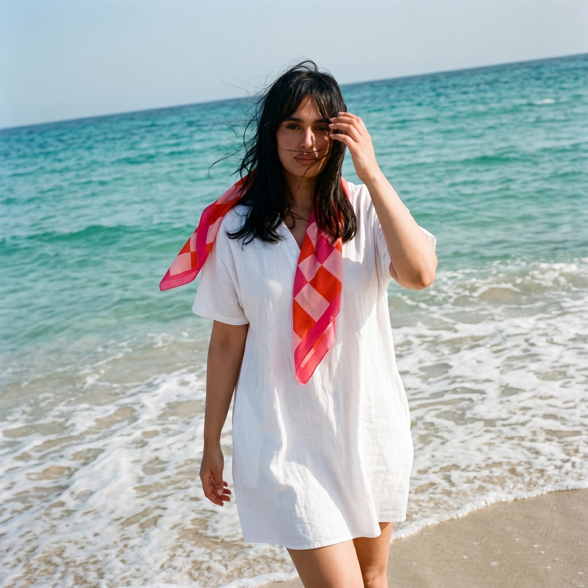 Beach Scarf — Pink Harlequin (worn)