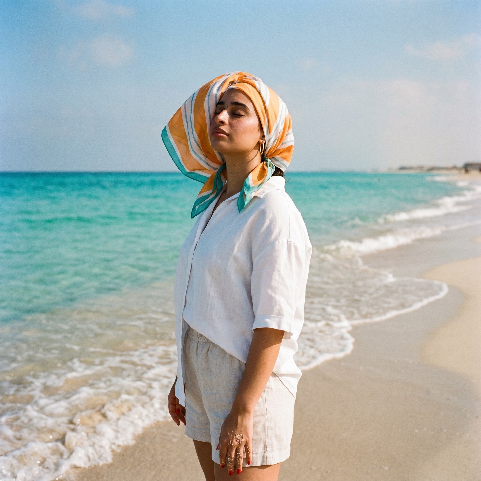 Beach Scarf — Sunrise Stripes (worn)