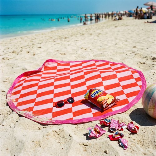 Pink Harlequin beach blanket — round