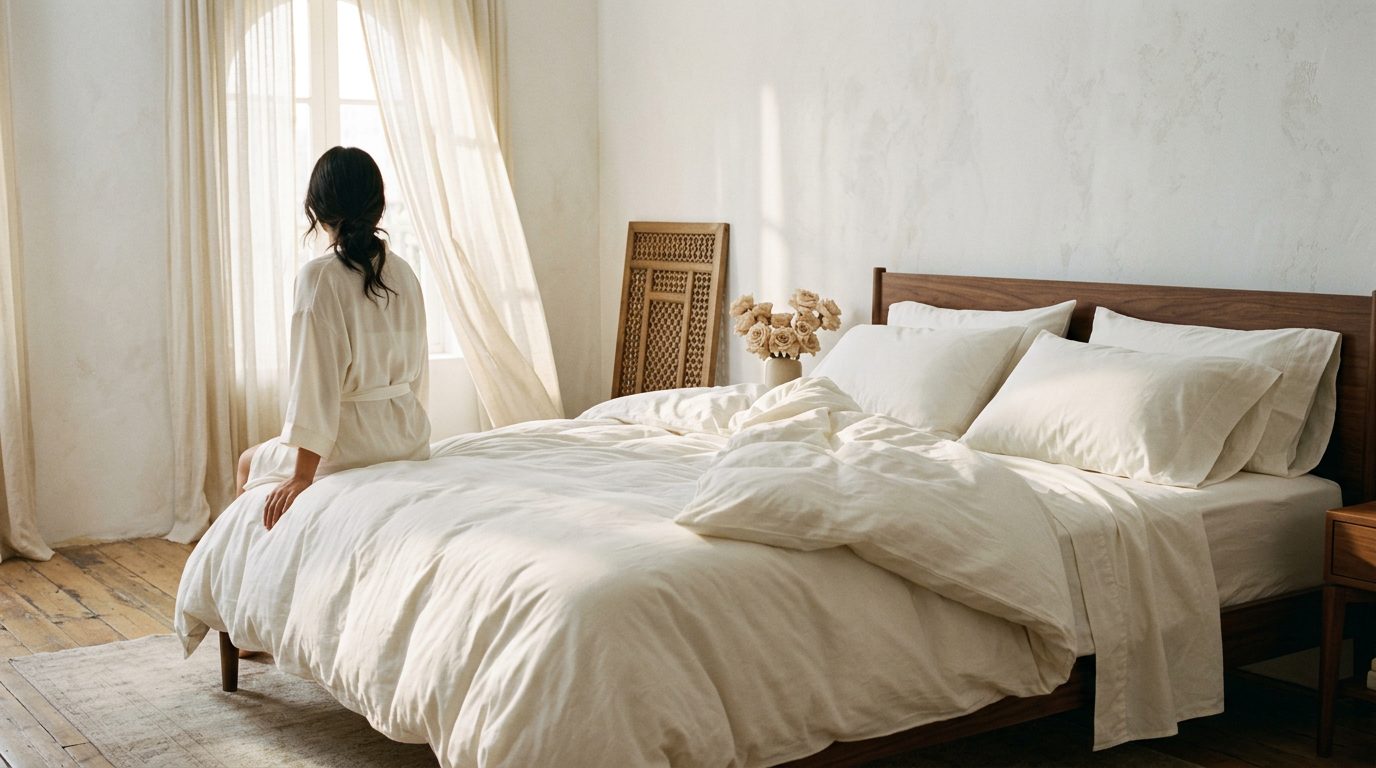 Yafet bridal collection — bride in a sunlit bedroom (compressed)