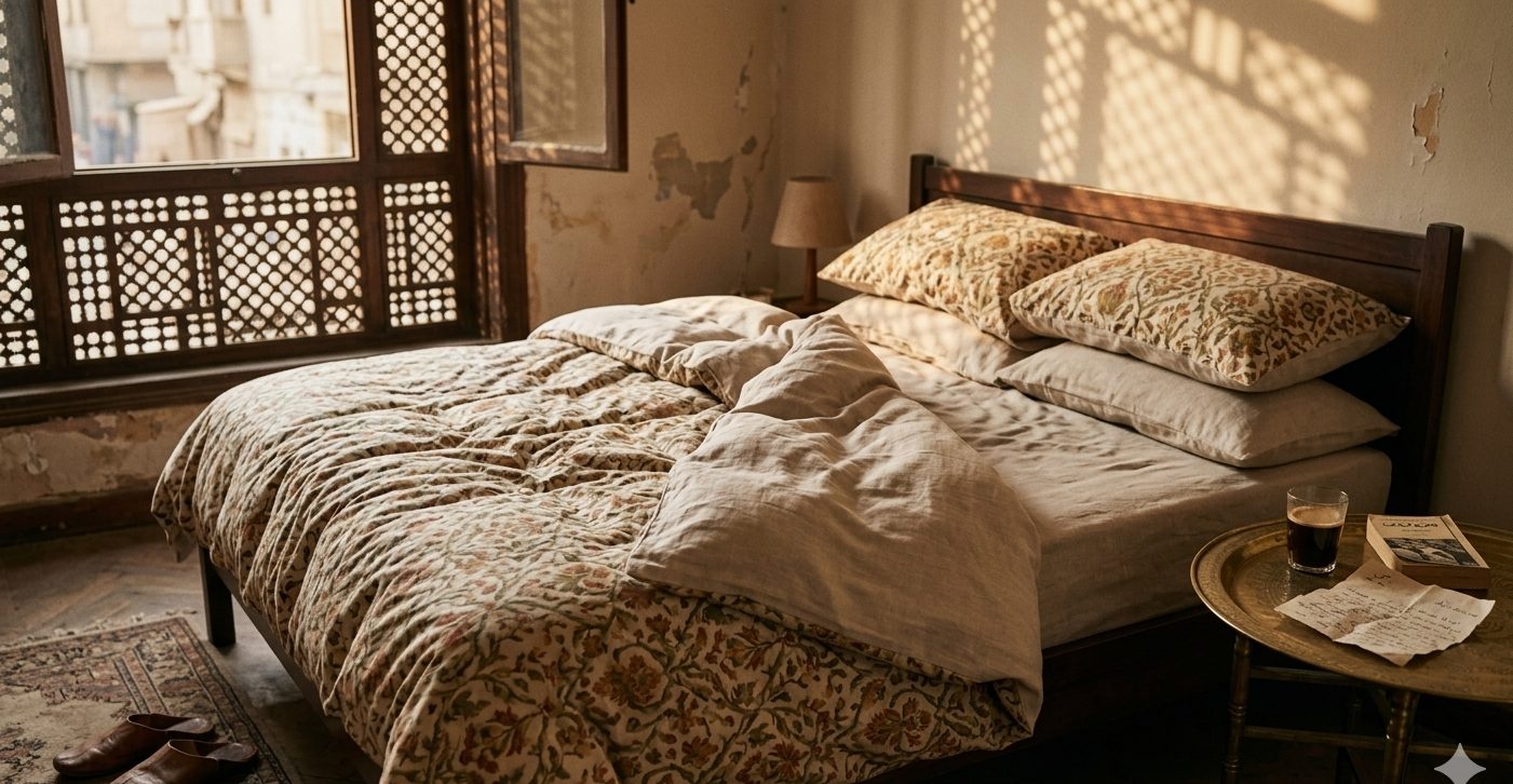 Cairo '65 — mashrabeya window light over an Egyptian-cotton bed